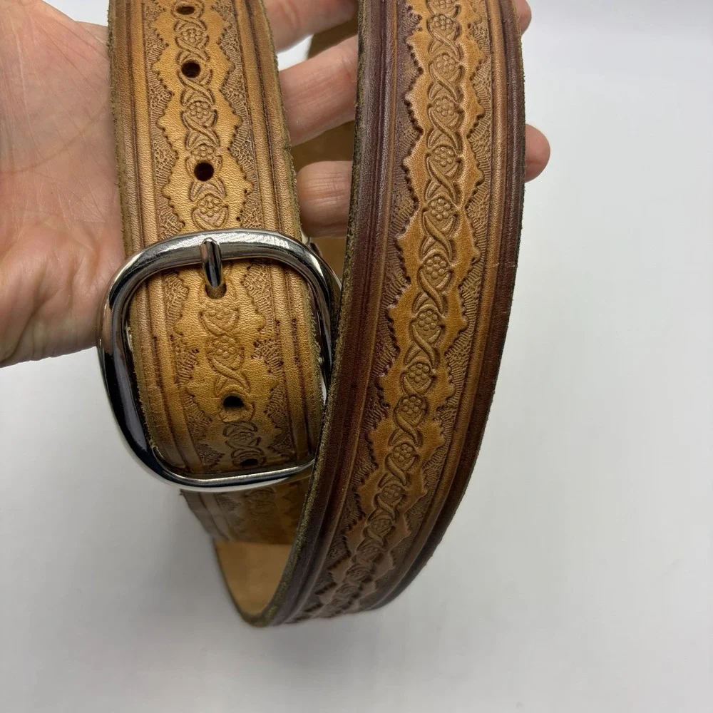 Vintage Tooled Leather Belt Mens 40 Western Brown Hippie Quality